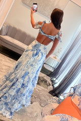 White Blue Prom Dress Flower Cold Shoulder Ruffles Long Formal Dress With Slit