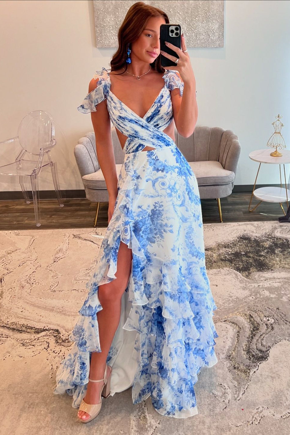White Blue Prom Dress Flower Cold Shoulder Ruffles Long Formal Dress With Slit