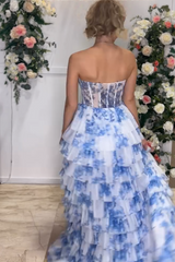 White Blue Prom Dress Flower Sweetheart Tiered A-Line Long Formal Dress