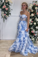 White Blue Prom Dress Flower Sweetheart Tiered A-Line Long Formal Dress