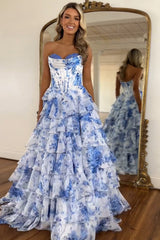 White Blue Prom Dress Flower Tiered Sweetheart Corset Long Formal Dress