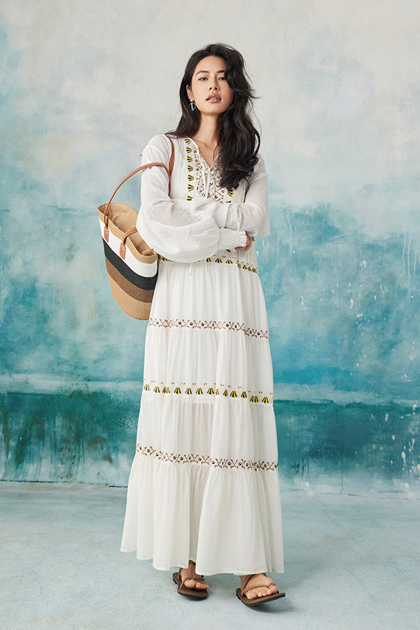 White Boho Maxi Long Sleeve Holiday Dress