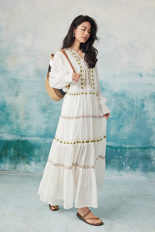 White Boho Maxi Long Sleeve Holiday Dress