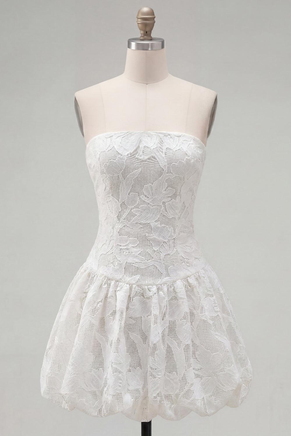 White Floral A Line Strapless Short Homecoming Dress