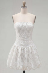 White Floral A Line Strapless Short Homecoming Dress