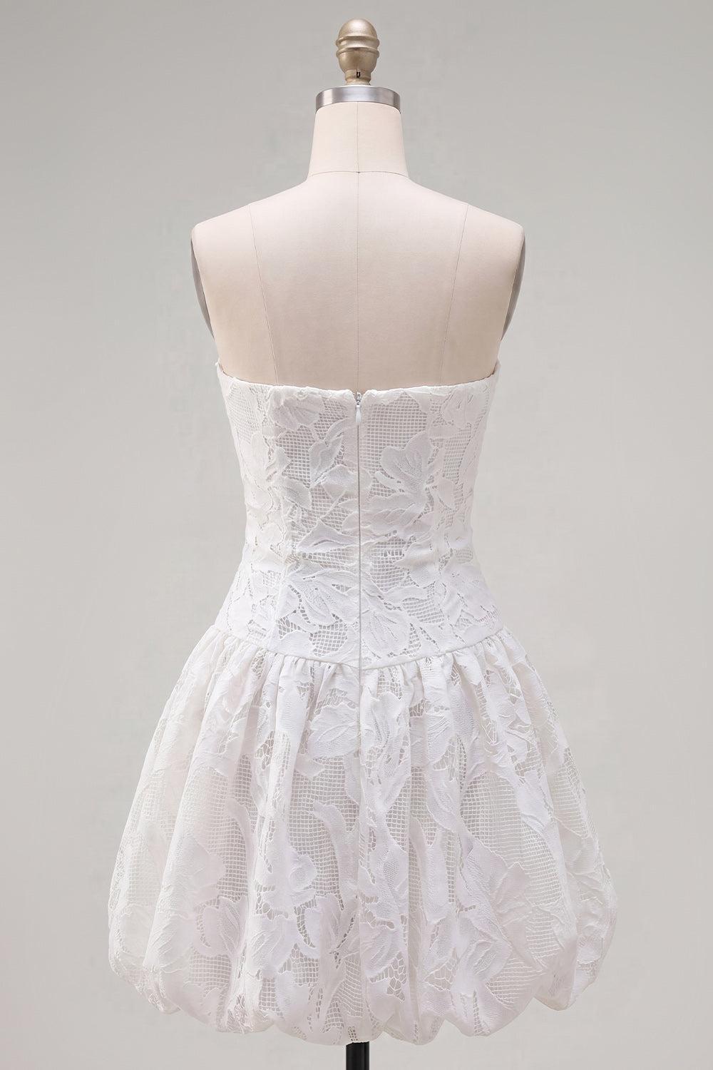 White Floral A Line Strapless Short Homecoming Dress