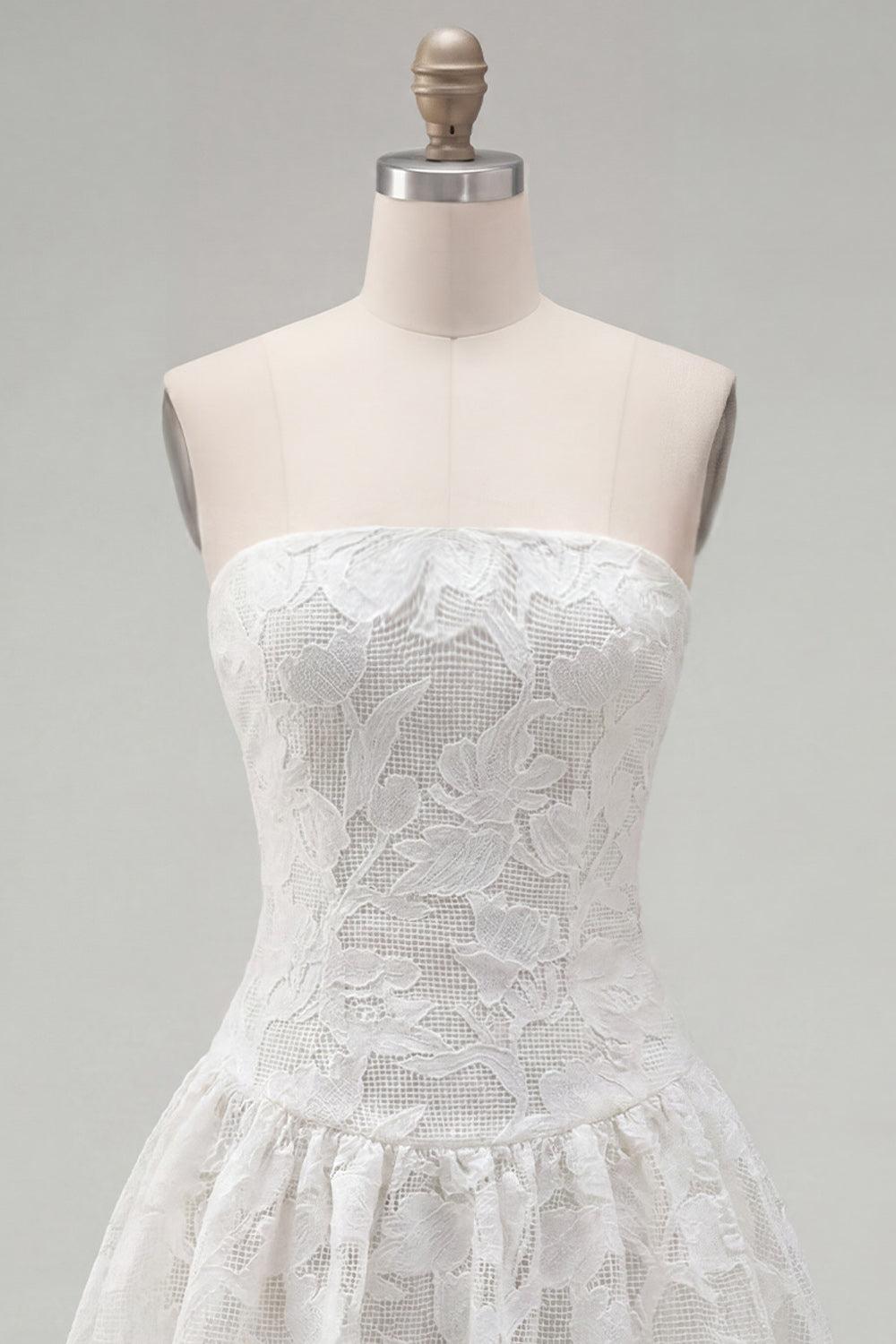 White Floral A Line Strapless Short Homecoming Dress