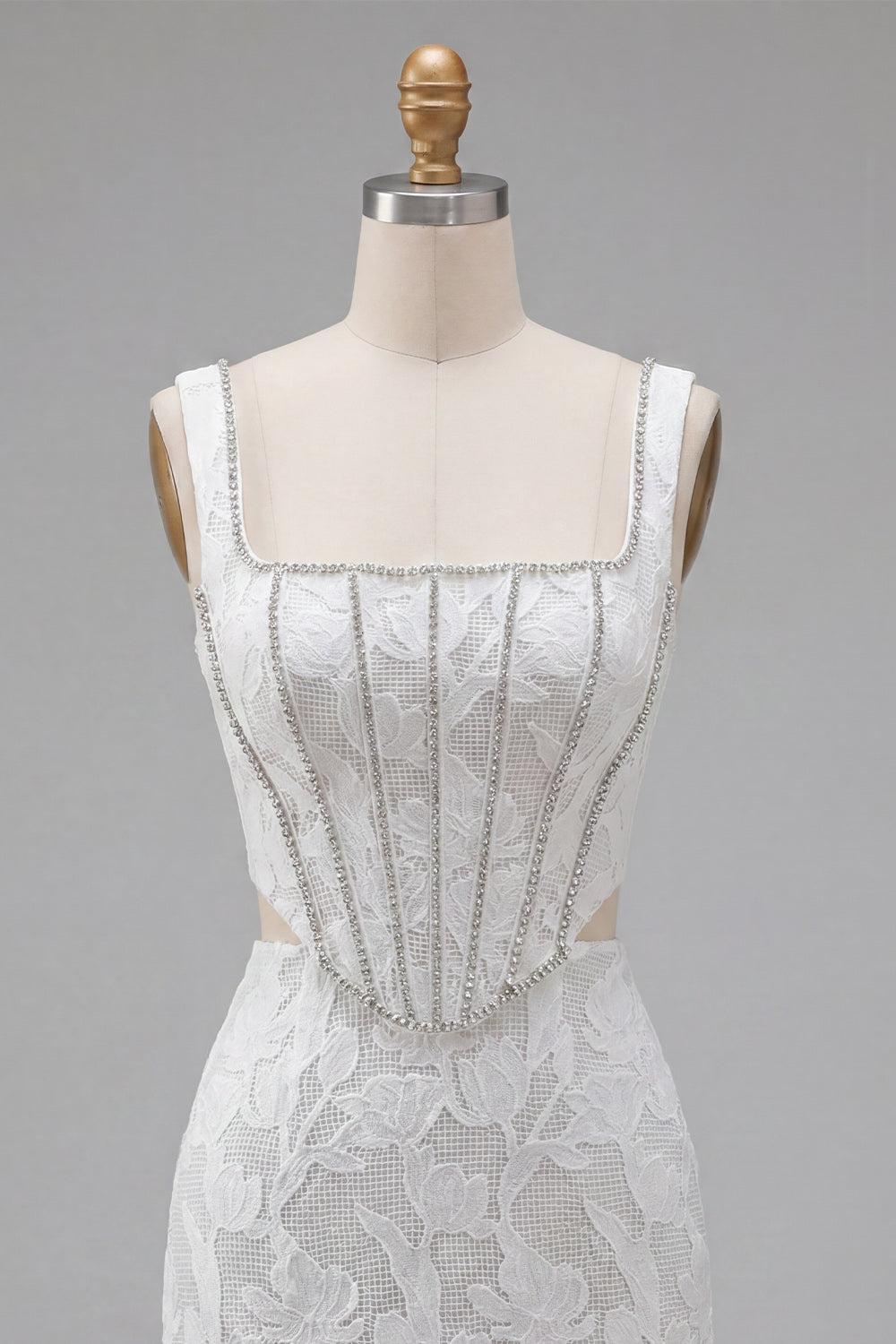 White Floral Corset Tight Square Neck Cut Out Short Homecoming Dress