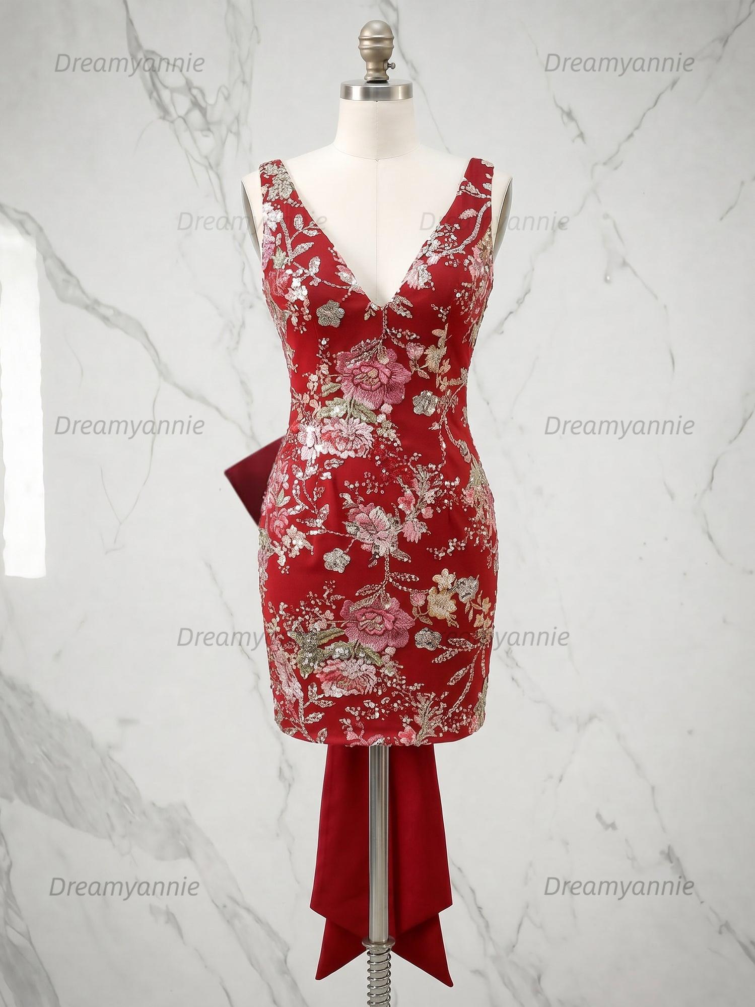 White Floral Embroidered Deep V-Neck Homecoming Dress with Oversized Bow Train