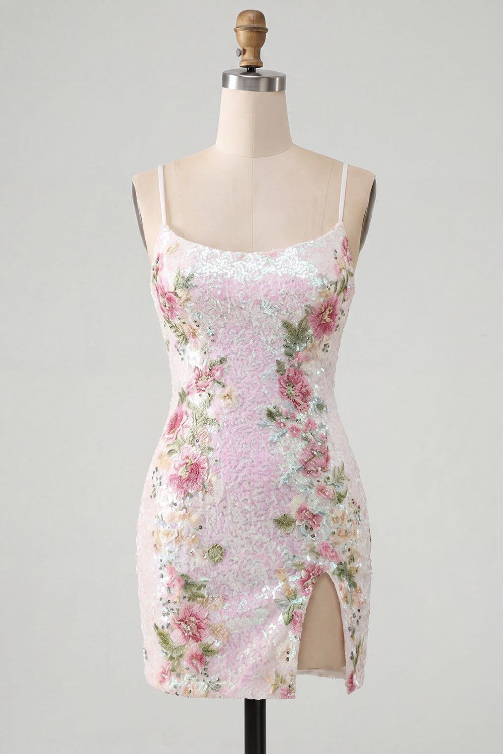 White Floral Sparkly Spaghetti Straps Tight Short Homecoming Dress with Slit