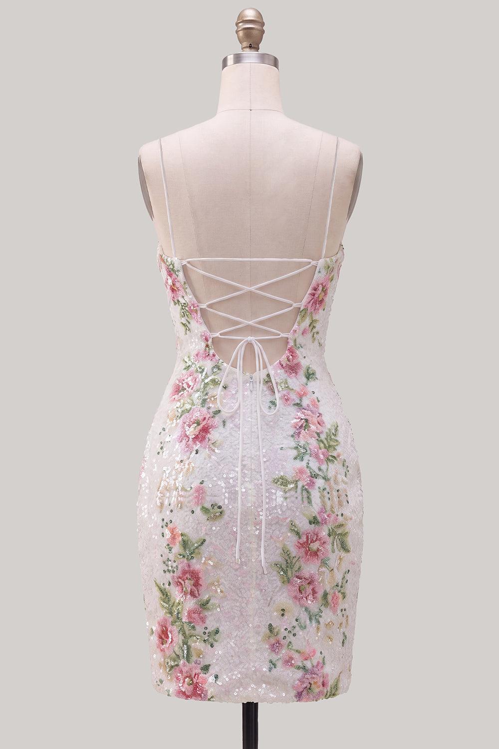 White Floral Sparkly Spaghetti Straps Tight Short Homecoming Dress with Slit