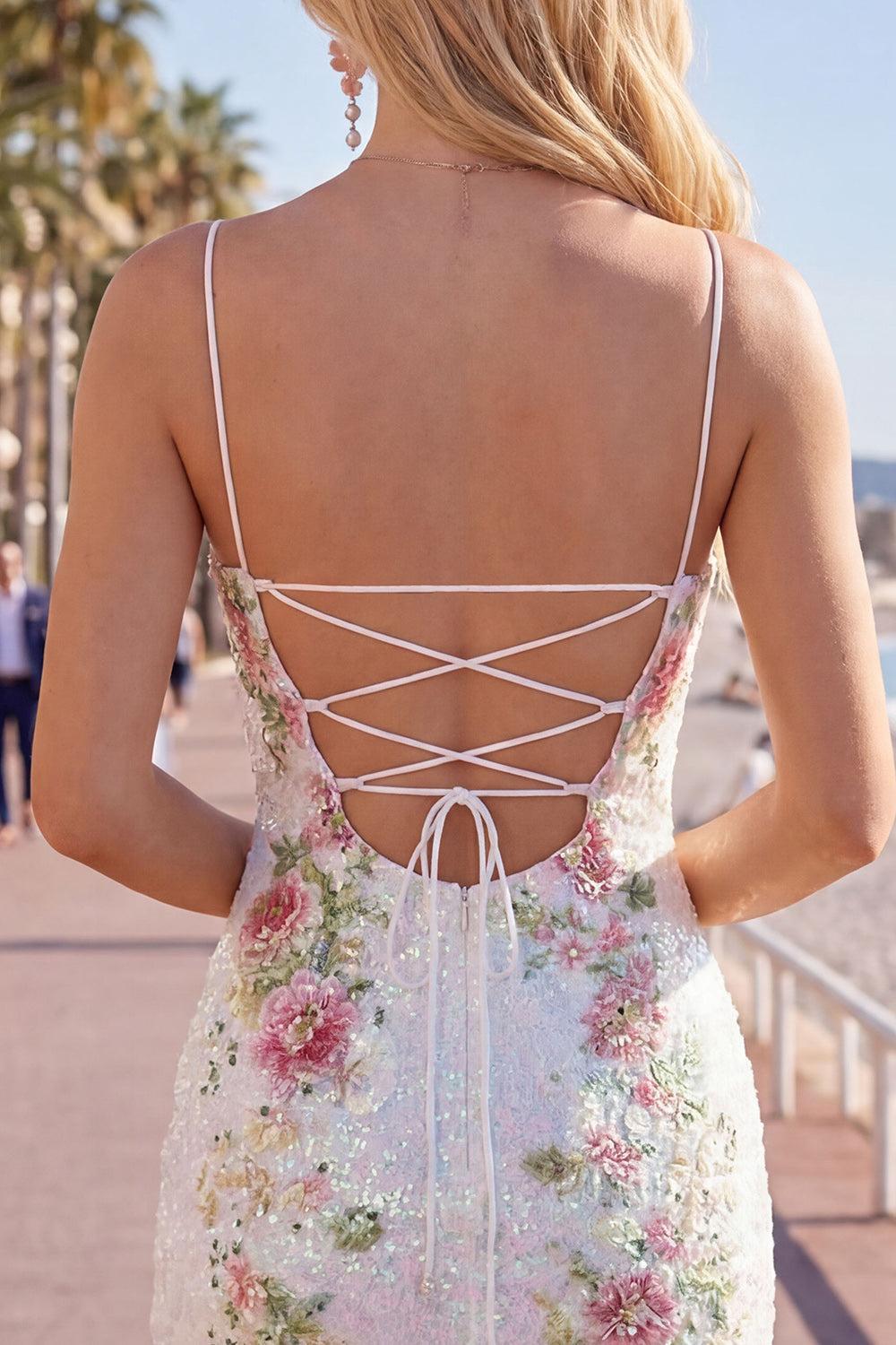 White Floral Sparkly Spaghetti Straps Tight Short Homecoming Dress with Slit