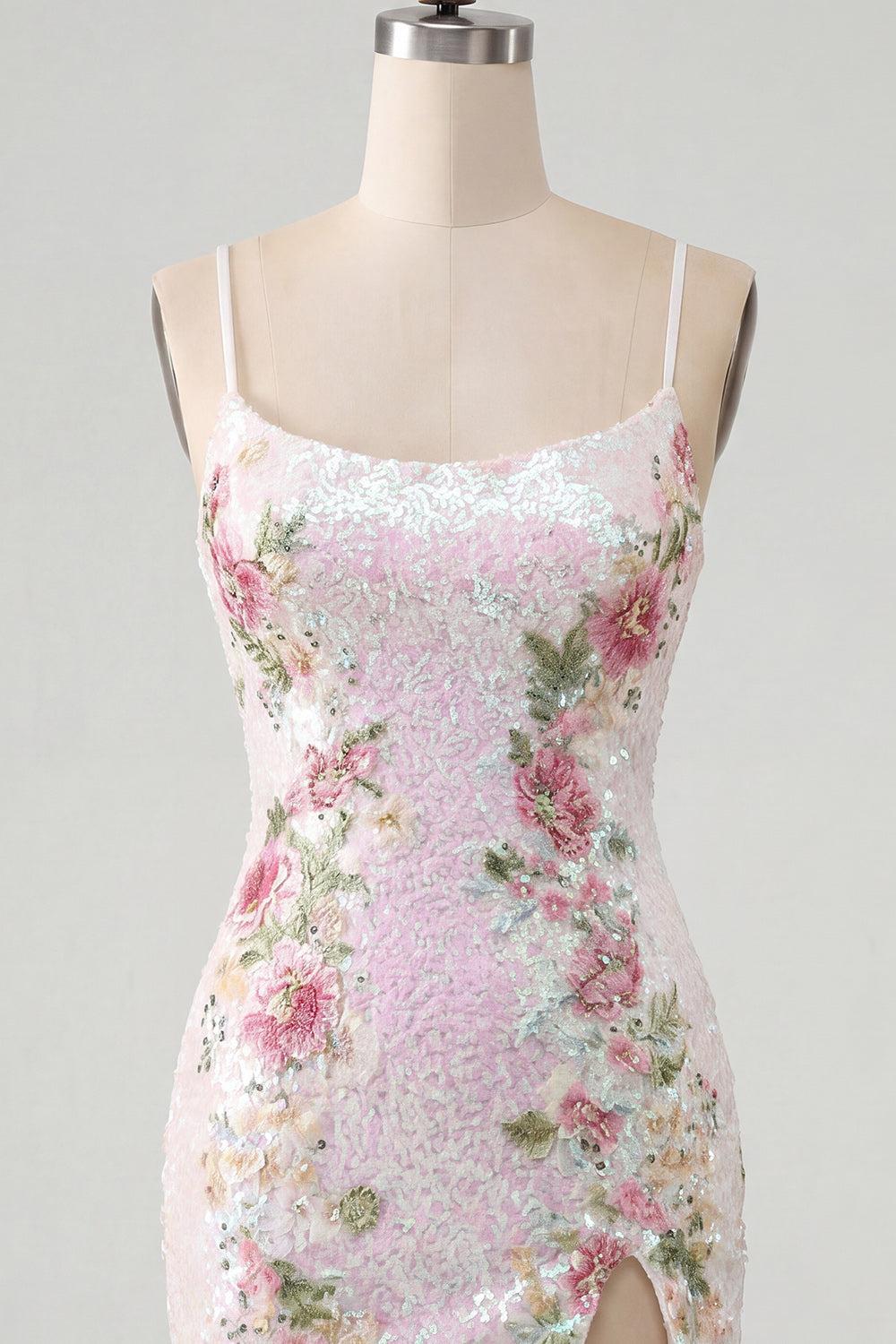 White Floral Sparkly Spaghetti Straps Tight Short Homecoming Dress with Slit