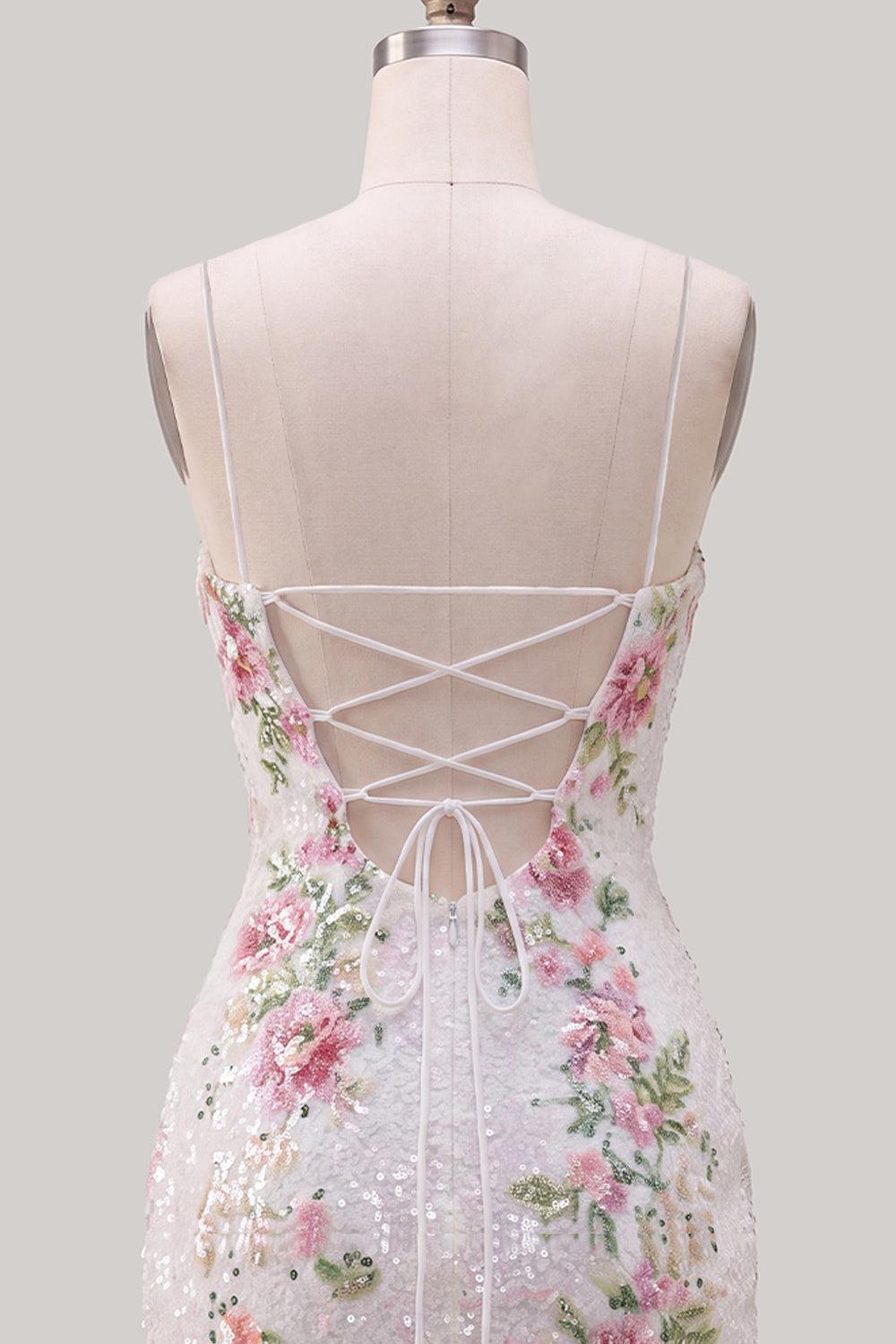 White Floral Sparkly Spaghetti Straps Tight Short Homecoming Dress with Slit