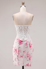 White Fuchsia Flower Tight Short Sweetheart Corset Homecoming Dress with Lace