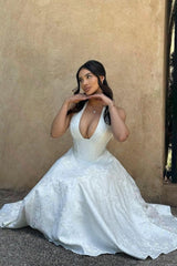 White Halter A-Line Jacquard Midi Prom Dress With Structured Corset Bodice Formal Evening Gown