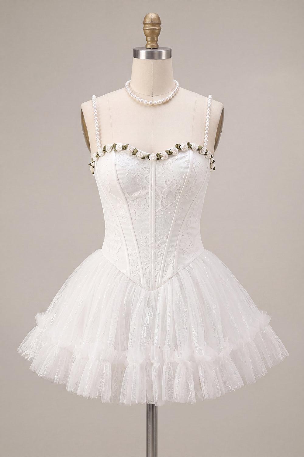White Lace A-Line Corset Short Homecoming Dress with 3D Flowers