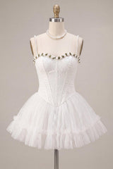 White Lace A-Line Corset Short Homecoming Dress with 3D Flowers