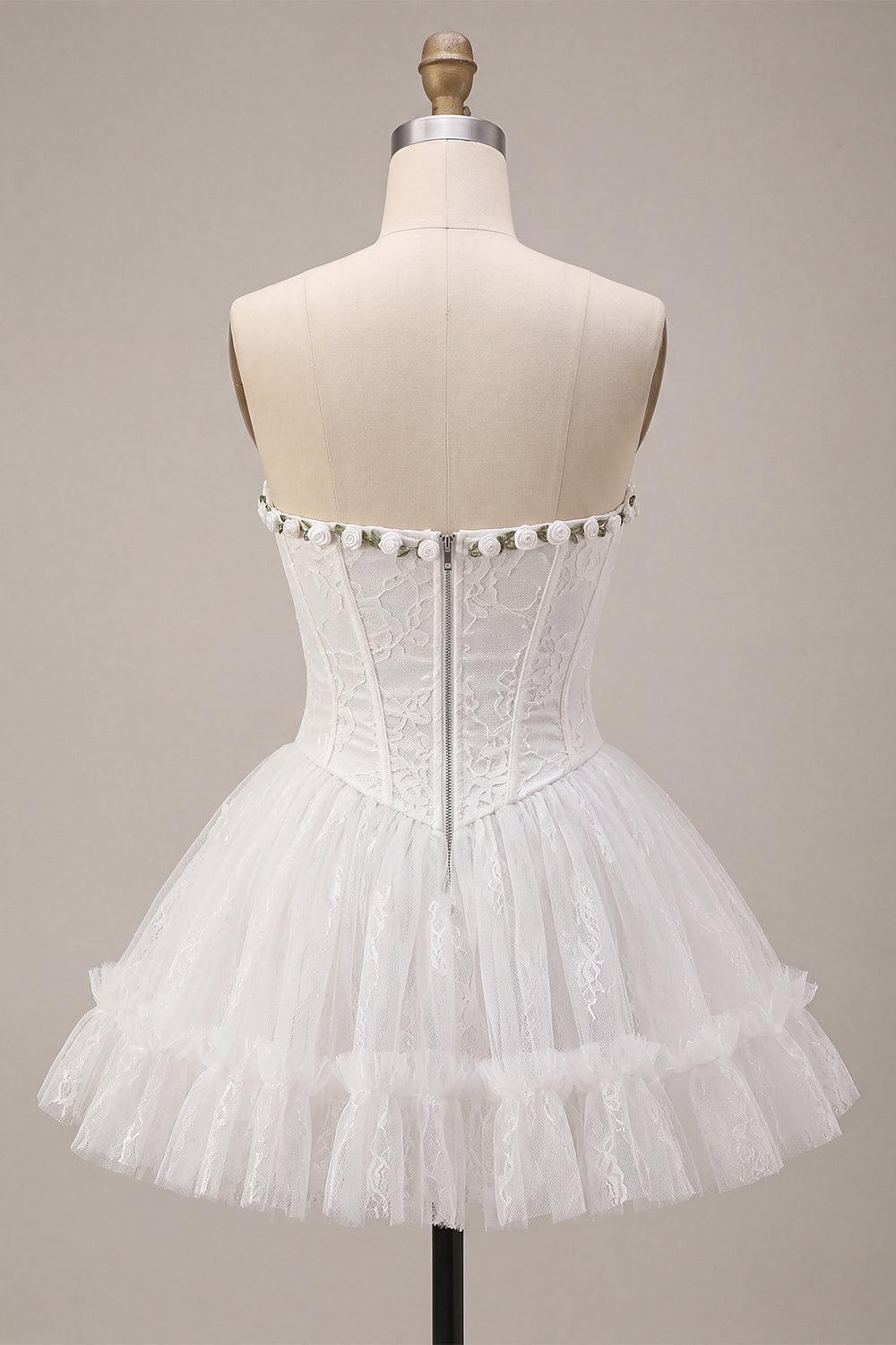 White Lace A-Line Corset Short Homecoming Dress with 3D Flowers