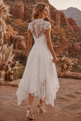 White Lace A Line Tea Length Wedding Dress with High Neck and Cap Sleeves