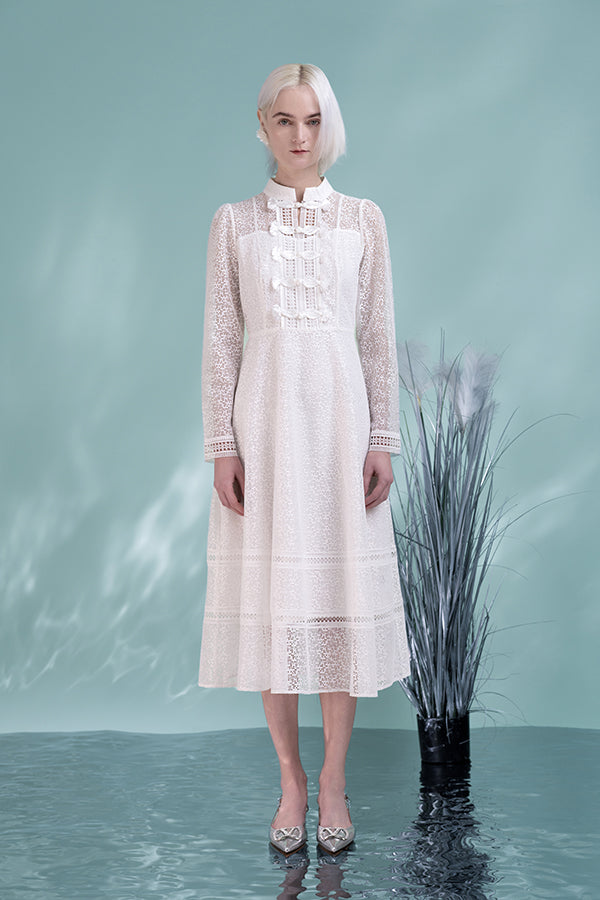 White Lace Midi A Line Long Sleeve Causal Dress