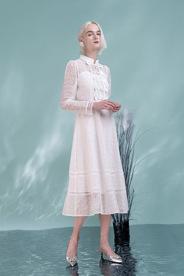 White Lace Midi A Line Long Sleeve Causal Dress
