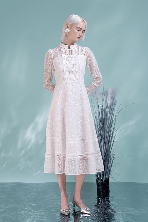 White Lace Midi A Line Long Sleeve Causal Dress