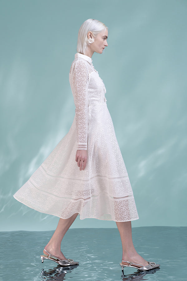 White Lace Midi A Line Long Sleeve Causal Dress