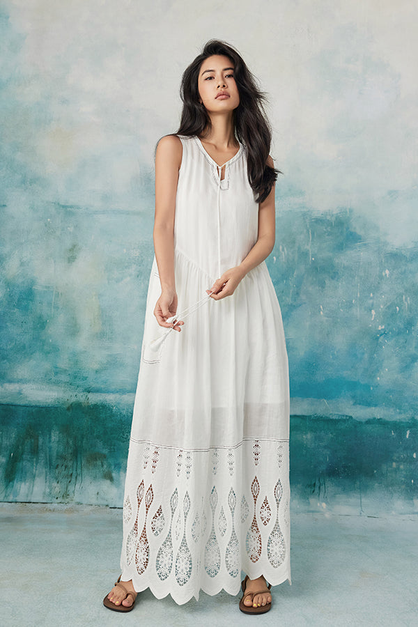 White Lace Sleeveless Boho Maxi Summer Holiday Dress