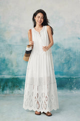 White Lace Sleeveless Boho Maxi Summer Holiday Dress