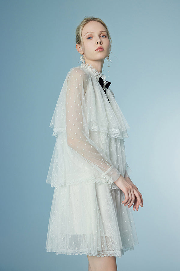 White Lace Tiered Mini Long Sleeve Casual Summer Holiday Dress