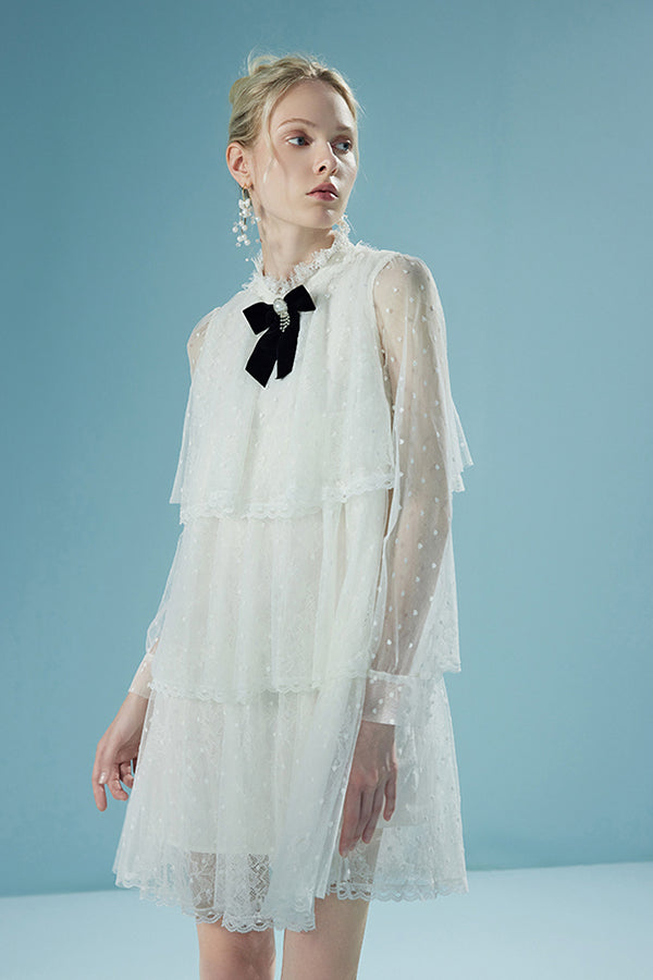 White Lace Tiered Mini Long Sleeve Casual Summer Holiday Dress