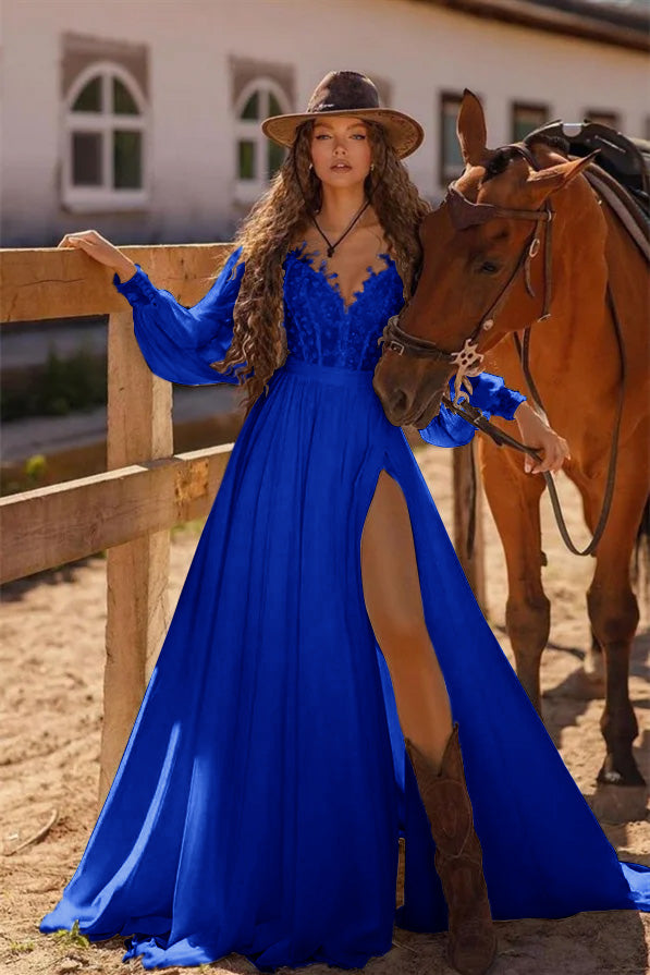 White Long Sleeve Boho Wedding Dress A Line Cold Shoulder Bridal Gown with Lace and Split