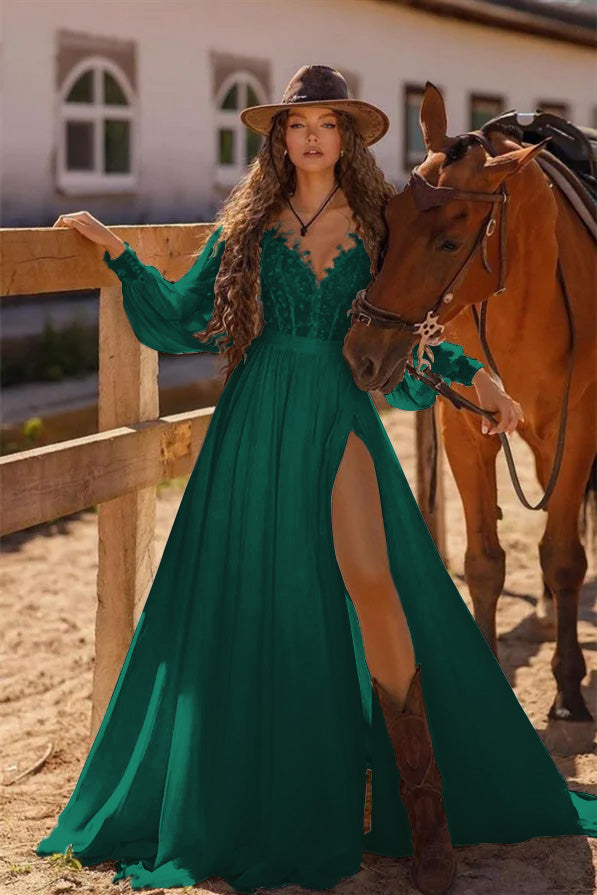 White Long Sleeve Boho Wedding Dress A Line Cold Shoulder Bridal Gown with Lace and Split