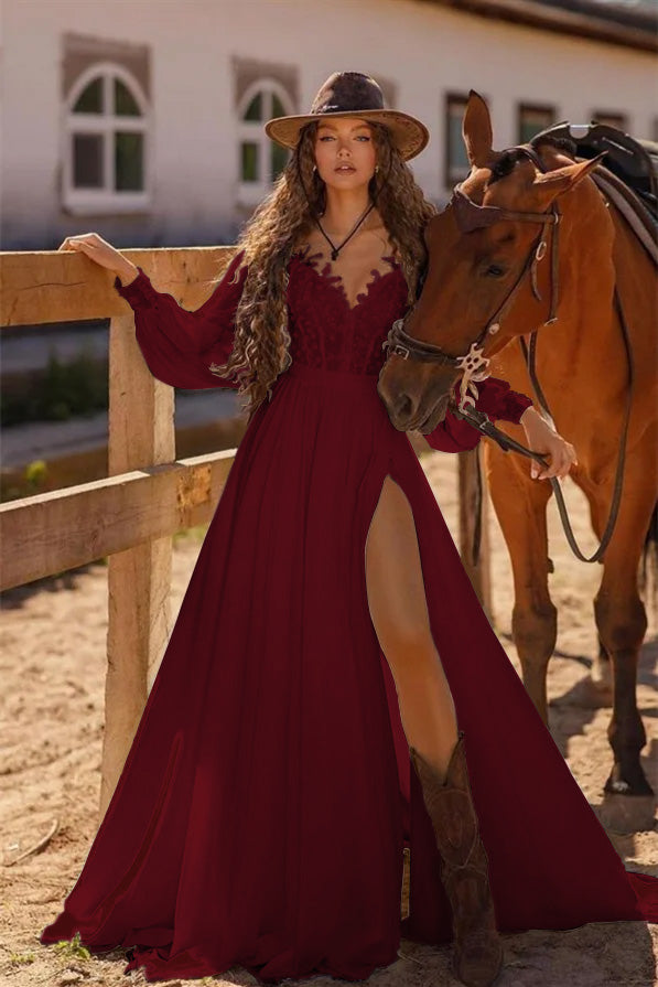 White Long Sleeve Boho Wedding Dress A Line Cold Shoulder Bridal Gown with Lace and Split