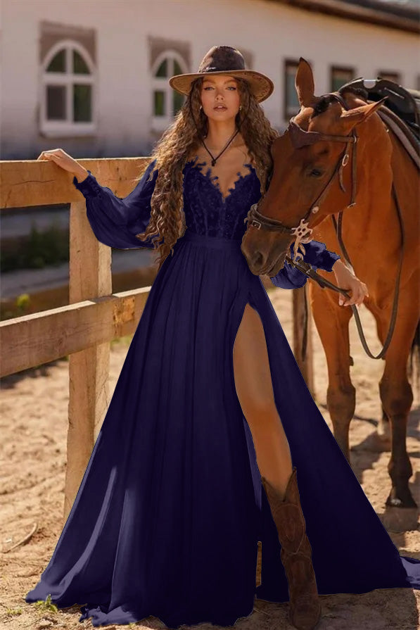 White Long Sleeve Boho Wedding Dress A Line Cold Shoulder Bridal Gown with Lace and Split