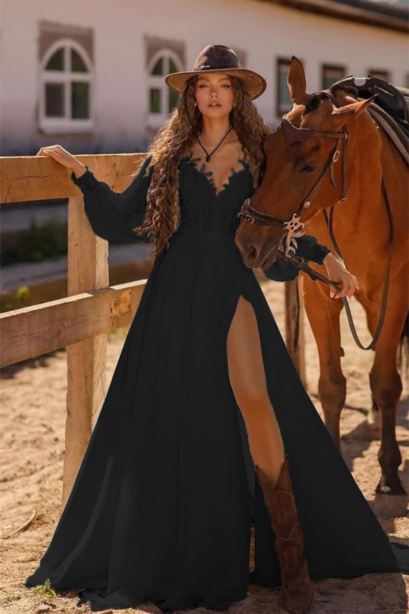 White Long Sleeve Boho Wedding Dress A Line Cold Shoulder Bridal Gown with Lace and Split