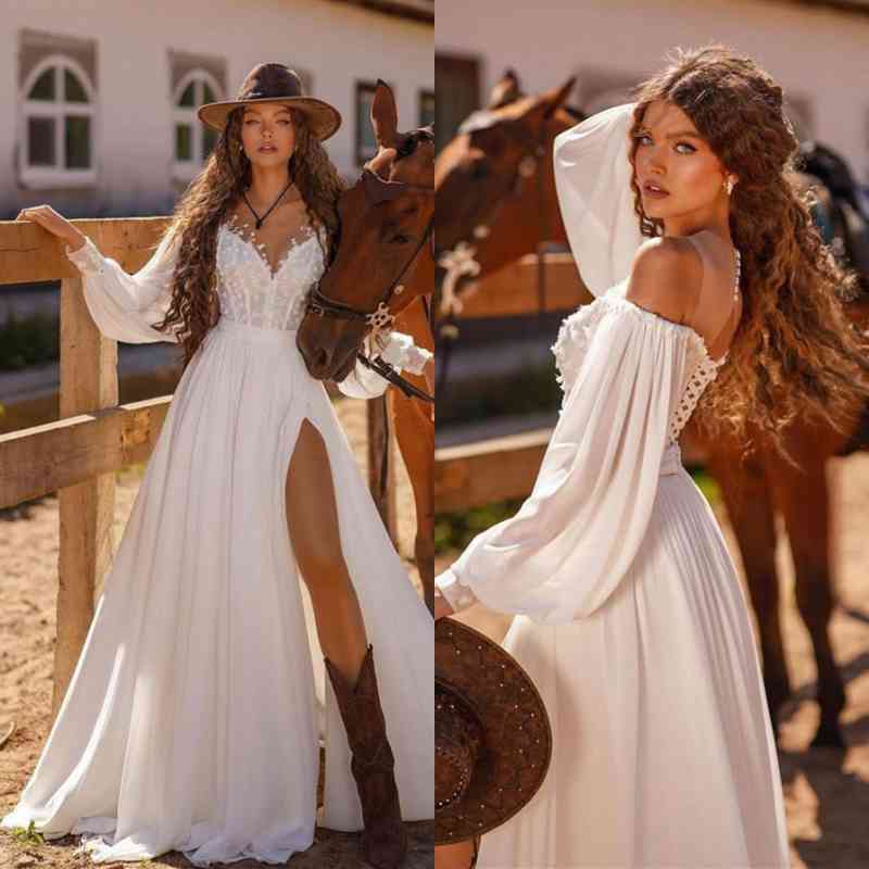 White Long Sleeve Boho Wedding Dress A Line Cold Shoulder Bridal Gown with Lace and Split