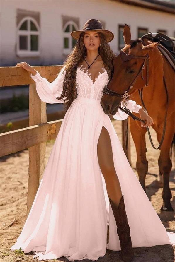 White Long Sleeve Boho Wedding Dress A Line Cold Shoulder Bridal Gown with Lace and Split