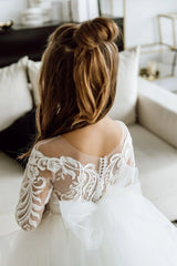 White Long Sleeve Lace Crew Neck Princess Flower Girl Dress