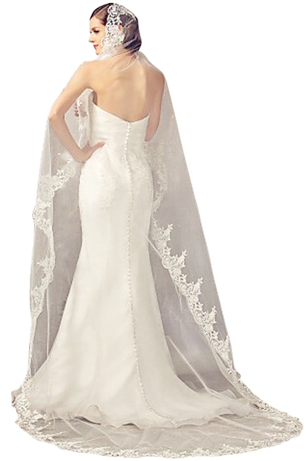 White Long Wedding Veil with Lace