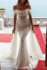 Ivory Off the Shoulder Wedding Dress With Detachable Train