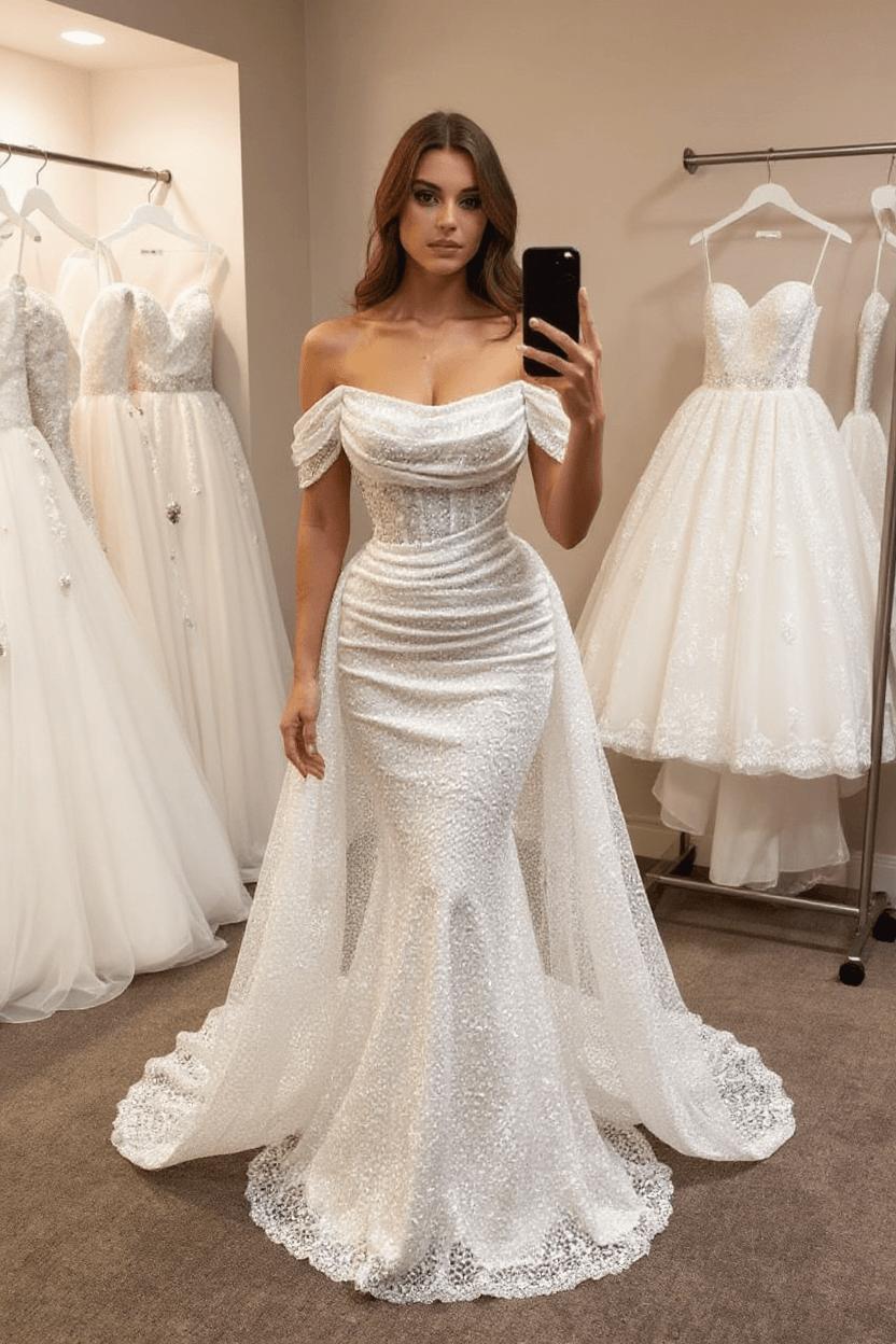 Ivory Off the Shoulder Wedding Dress With Detachable Train