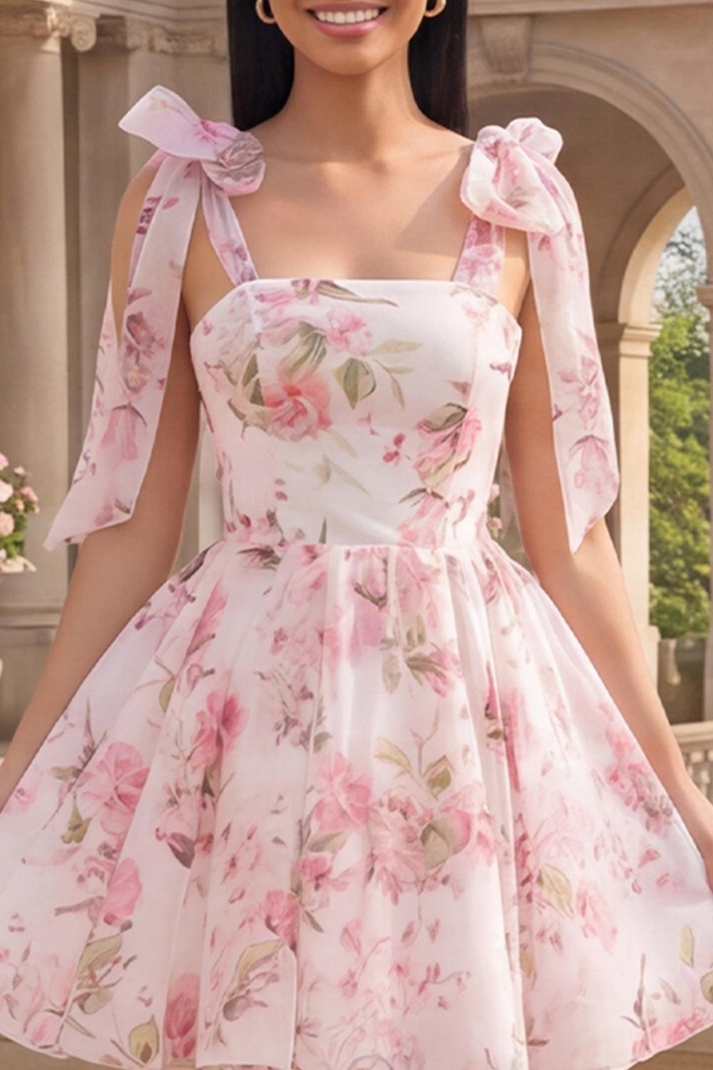 White Pink Flower A Line Short Homecoming Dress with Bows