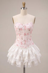 White Pink Flower Strapless Corset Short Homecoming Dress with Ruffles