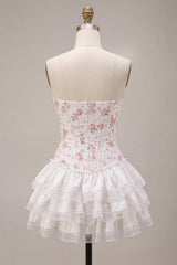White Pink Flower Strapless Corset Short Homecoming Dress with Ruffles