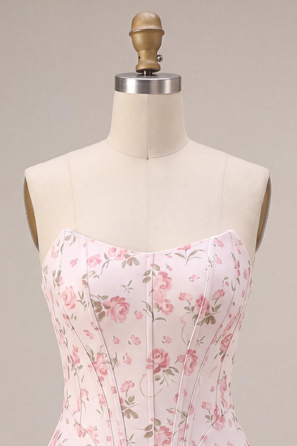 White Pink Flower Strapless Corset Short Homecoming Dress with Ruffles