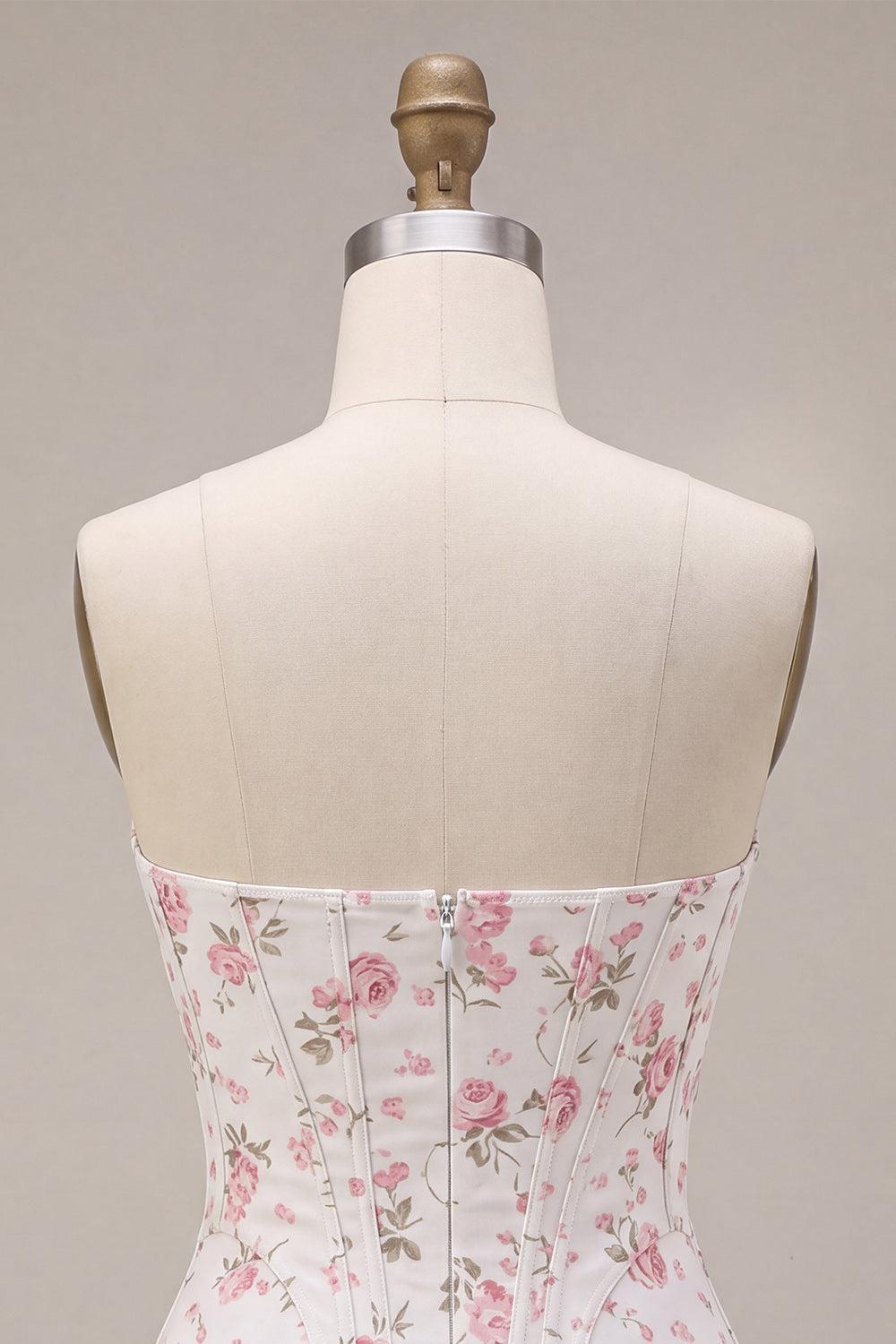 White Pink Flower Strapless Corset Short Homecoming Dress with Ruffles