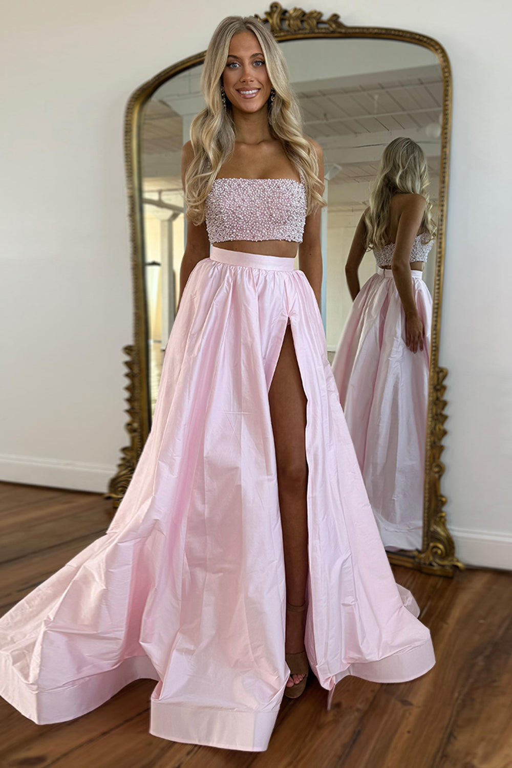 White Prom Dress 2 Piece Beaded Satin Long Formal Dress With Slit