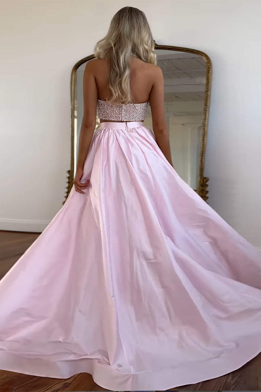 White Prom Dress 2 Piece Beaded Satin Long Formal Dress With Slit